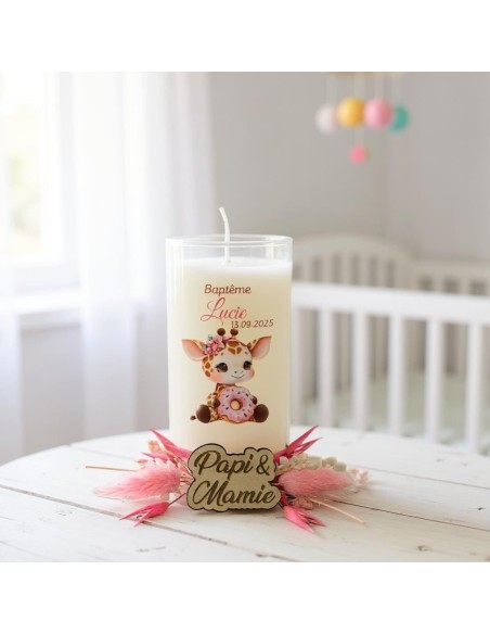Bougie personnalisée cadeaux invités baptême, mariage, anniversaire avec fleurs séchées thème jungle, girafe ou ourson