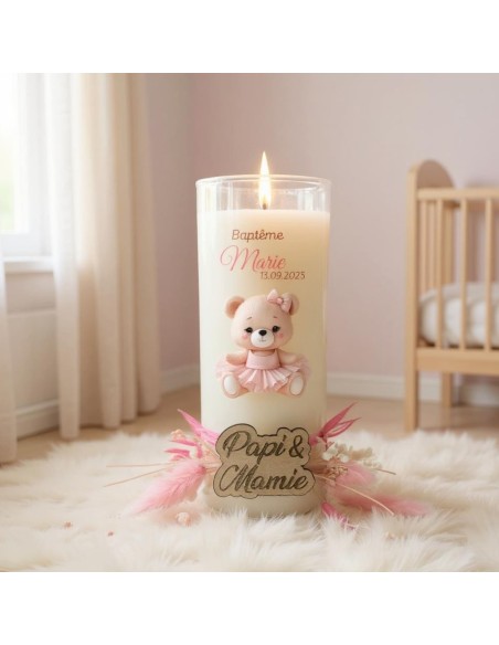 Bougie personnalisée cadeaux invités baptême, mariage, anniversaire avec fleurs séchées thème jungle, girafe ou ourson