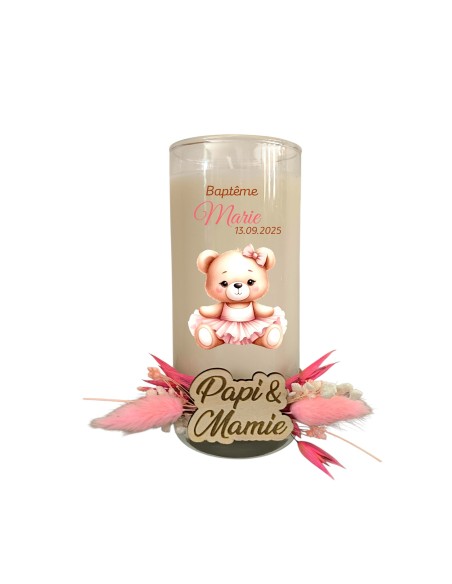 Bougie personnalisée cadeaux invités baptême, mariage, anniversaire avec fleurs séchées thème jungle, girafe ou ourson