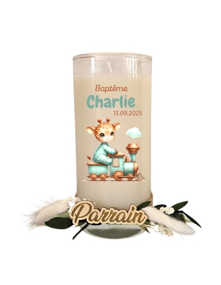 Bougie personnalisée cadeaux invités baptême, mariage, anniversaire avec fleurs séchées thème jungle, girafe ou ourson