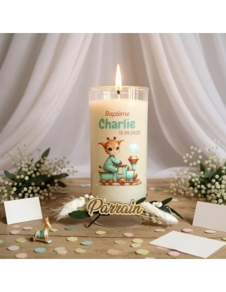 Bougie personnalisée cadeaux invités baptême, mariage, anniversaire avec fleurs séchées thème jungle, girafe ou ourson