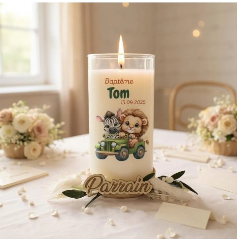 Bougie personnalisée cadeaux invités baptême, mariage, anniversaire avec fleurs séchées thème jungle, girafe ou ourson