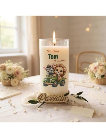 Bougie personnalisée cadeaux invités baptême, mariage, anniversaire avec fleurs séchées thème jungle, girafe ou ourson