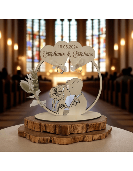 Présentoir Alliances Bois Personnalisé Mariage - Cœur & Amoureux