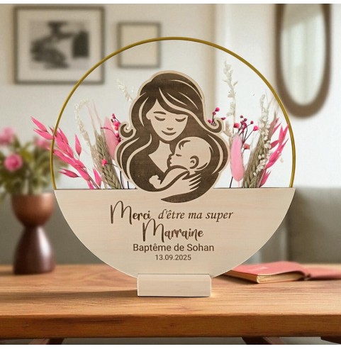 Cadre Cadeau Baptême Parrain Personnalisé - Cercle Doré en Bois Gravé