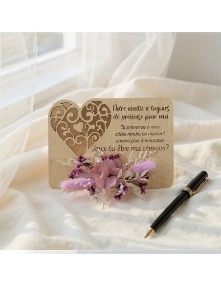 Demande Témoin Mariage Originale - Carte en Bois coeur et Bracelet floral en Fleurs Séchées