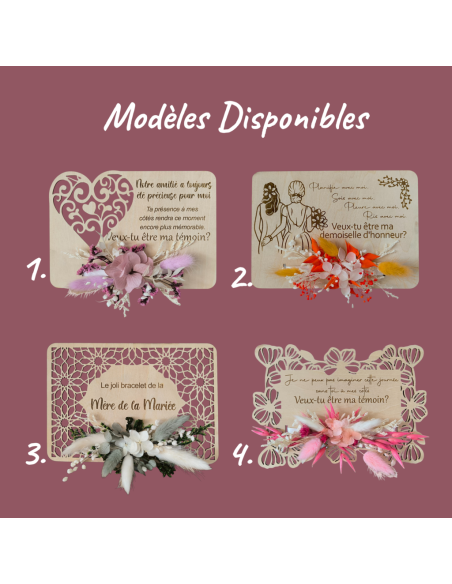 Demande Témoin Mariage Originale - Carte en Bois arabesque et Bracelet floral en Fleurs Séchées