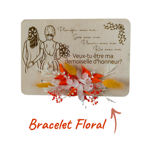 Demande Témoin Mariage Originale - Carte en Bois arabesque et Bracelet floral en Fleurs Séchées