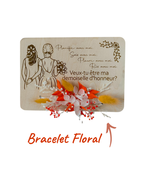 Demande Témoin Mariage Originale - Carte en Bois arabesque et Bracelet floral en Fleurs Séchées