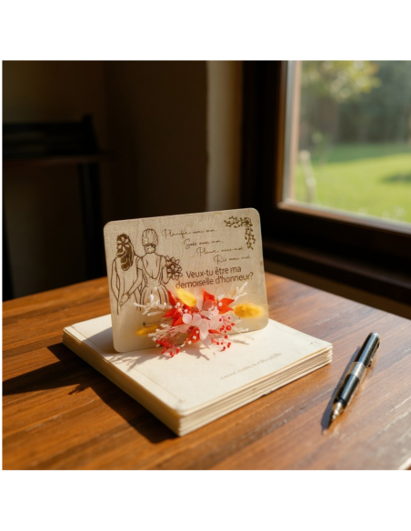 Demande Témoin Mariage Originale - Carte en Bois arabesque et Bracelet floral en Fleurs Séchées