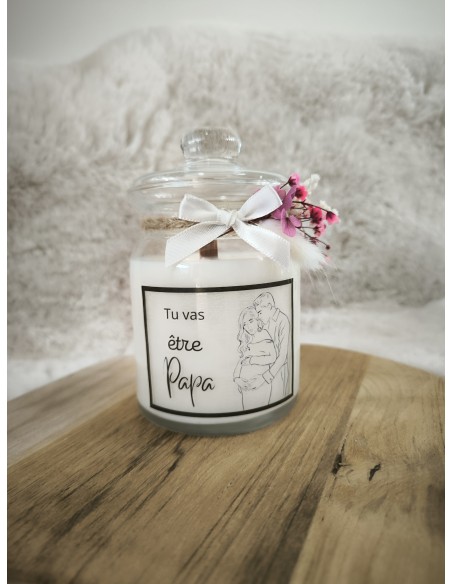 Bougie personnalisée thème grossesse, naissance, baptême, annonce parrain, marraine fleurs sechées