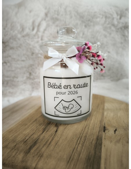 Bougie personnalisée thème grossesse, naissance, baptême, annonce parrain, marraine fleurs sechées