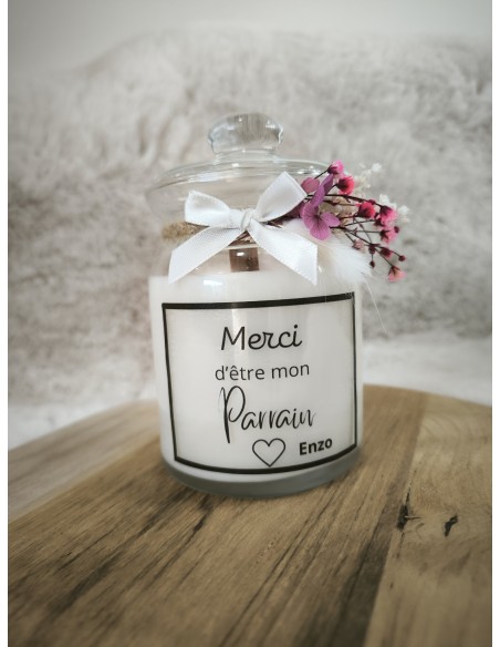 Bougie personnalisée thème grossesse, naissance, baptême, annonce parrain, marraine fleurs sechées