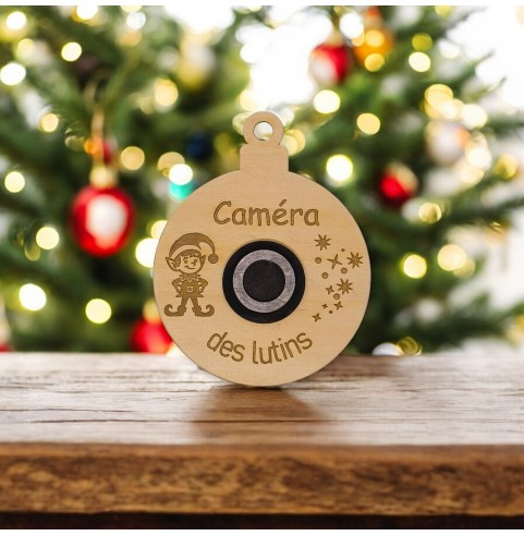 Bêtisomètre officiel et caméra Père Noël en bois gravé, accessoires de mise en scène pour lutin farceur, décoration enfant Noël.