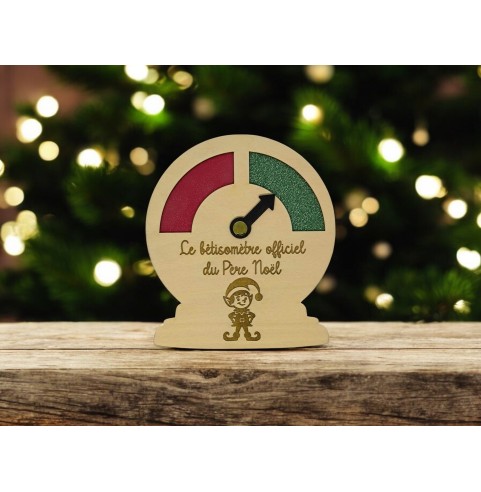 Bêtisomètre officiel et caméra Père Noël en bois gravé, accessoires de mise en scène pour lutin farceur, décoration enfant Noël.