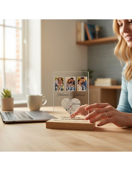 Cadre photo couple personnalisé avec date et carte du lieu