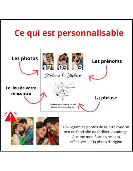 Cadre photo couple personnalisé avec date et carte du lieu