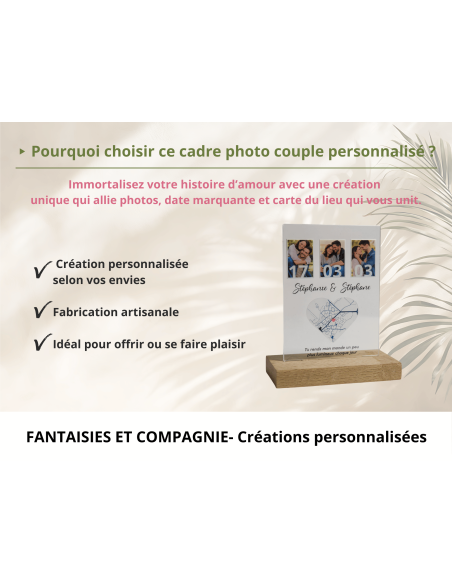 Cadre photo couple personnalisé avec date et carte du lieu