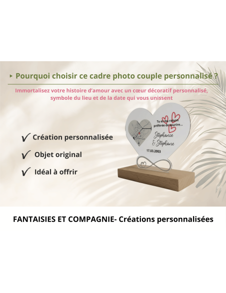 Cadre cœur personnalisé en acrylique avec carte du lieu et prénoms