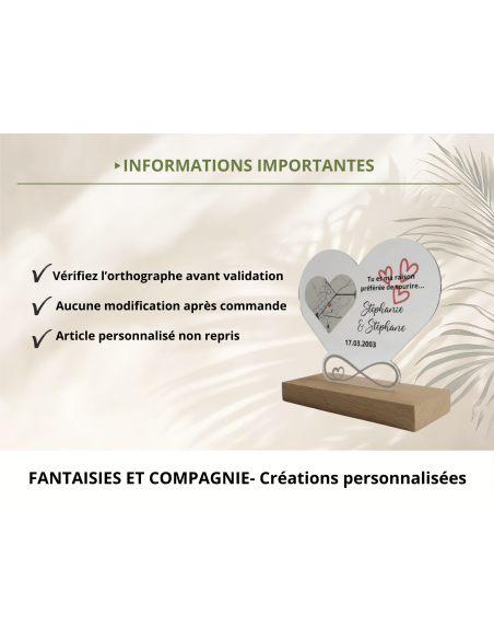 Cadre cœur personnalisé en acrylique avec carte du lieu et prénoms