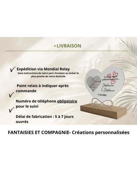 Cadre cœur personnalisé en acrylique avec carte du lieu et prénoms
