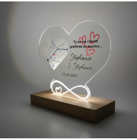 Cœur personnalisé en acrylique avec socle lumineux