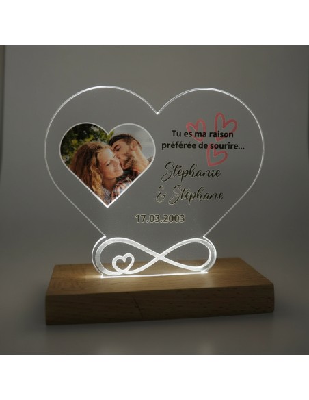 Cœur personnalisé en acrylique avec photo, prénoms et date