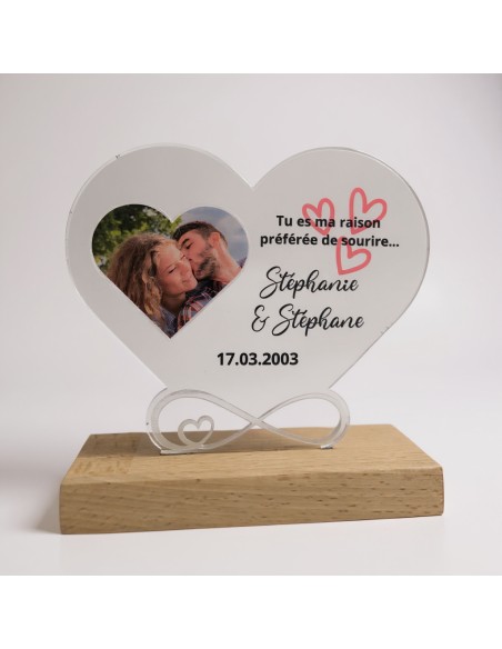 Cœur photo personnalisé en acrylique avec prénoms et date