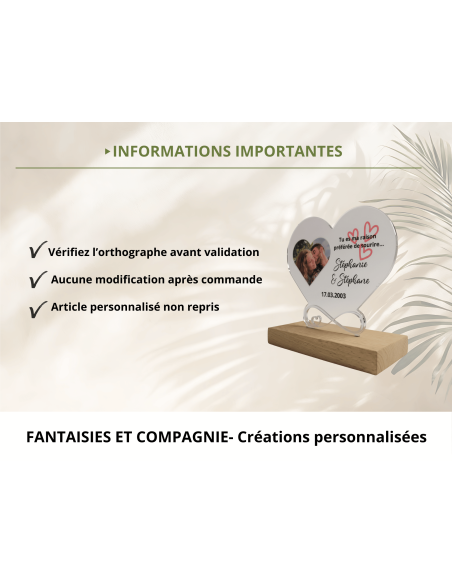 Cœur personnalisé en acrylique avec photo, prénoms et date