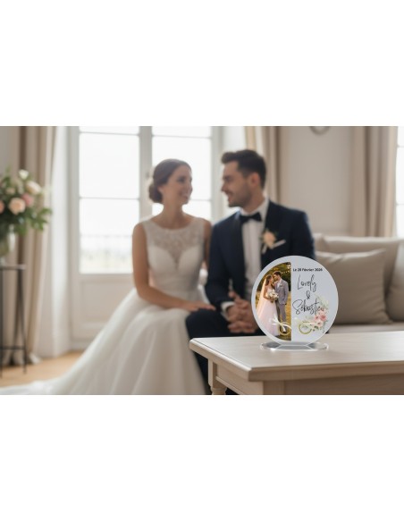 Support alliances mariage personnalisé en acrylique avec photo demi cercle