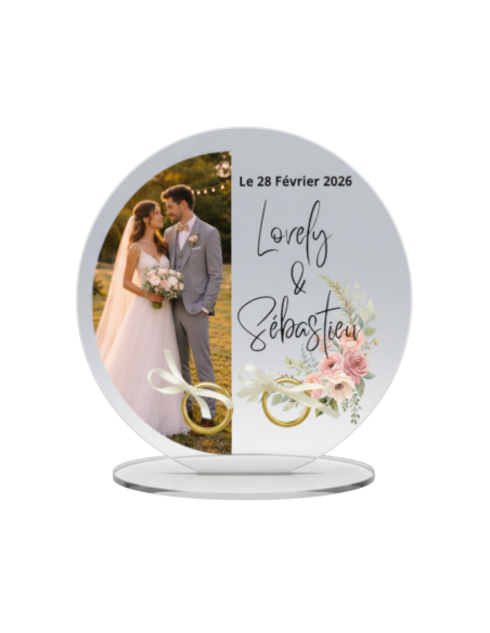 Support alliances mariage personnalisé en acrylique avec photo demi cercle