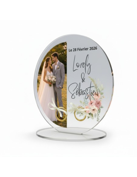 Support alliances mariage personnalisé en acrylique avec photo demi cercle