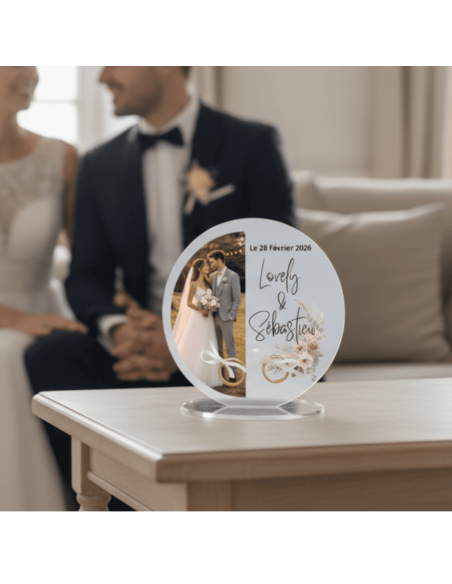 Support alliances mariage personnalisé en acrylique avec photo demi cercle