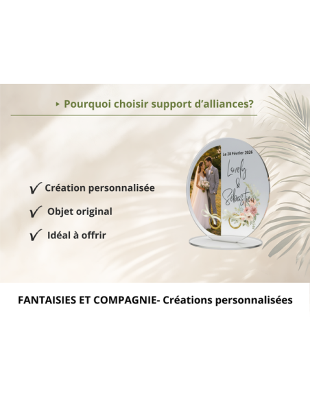 Support alliances mariage personnalisé en acrylique avec photo demi cercle
