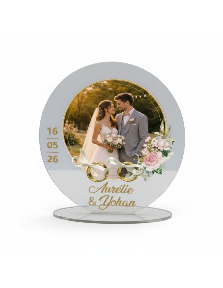 support alliances mariage rond en acrylique personnalisé avec motif floral et anneaux dorés photo couple