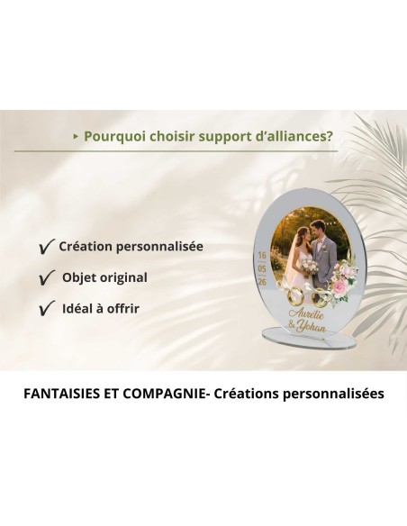 Support alliances mariage personnalisé motif floral avec photo – Acrylique
