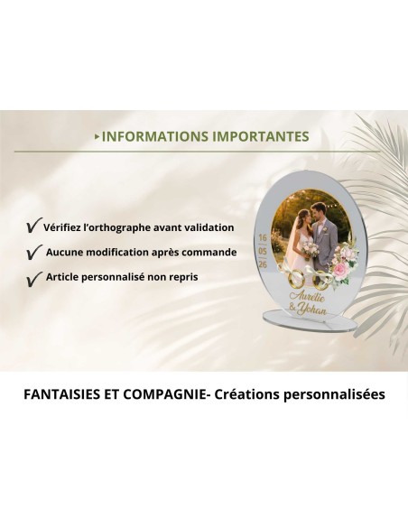 Support alliances mariage personnalisé motif floral avec photo – Acrylique