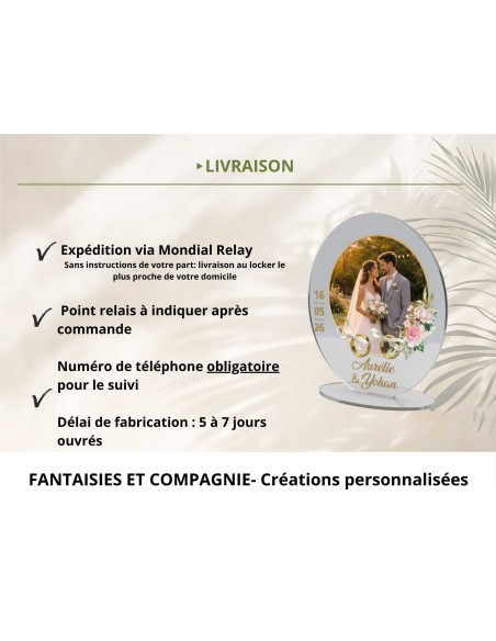 Support alliances mariage personnalisé motif floral avec photo – Acrylique