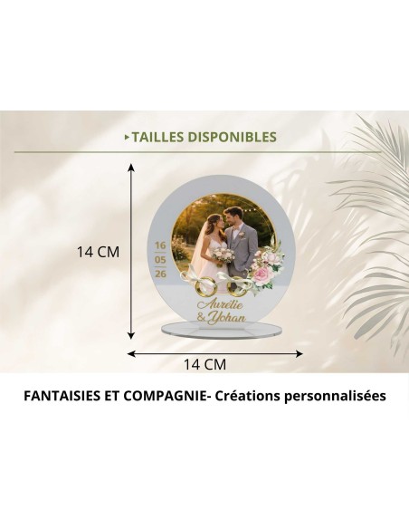 Support alliances mariage personnalisé motif floral avec photo – Acrylique