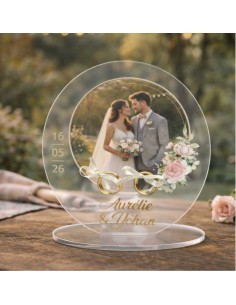 support alliances mariage personnalisé en acrylique rond avec photo des mariés et prénoms décoration de mariage élégante 2