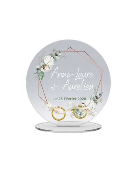 Support alliances mariage personnalisé en acrylique motif floral bohème prénoms et date
