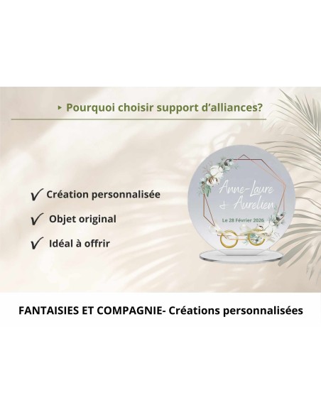 Support alliances mariage personnalisé en acrylique motif floral bohème prénoms et date