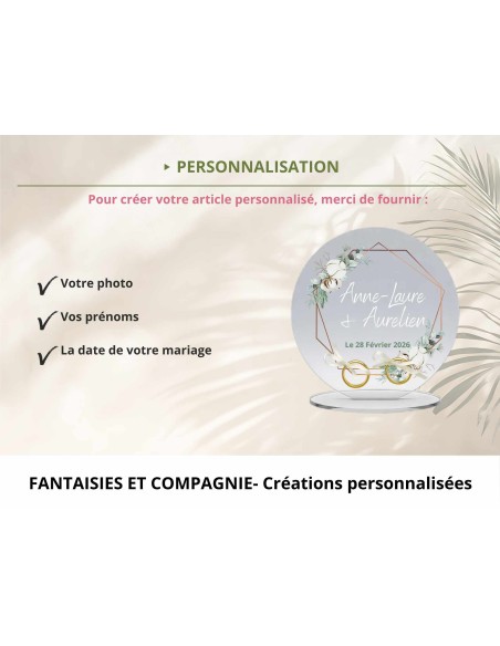 Support alliances mariage personnalisé en acrylique motif floral bohème prénoms et date