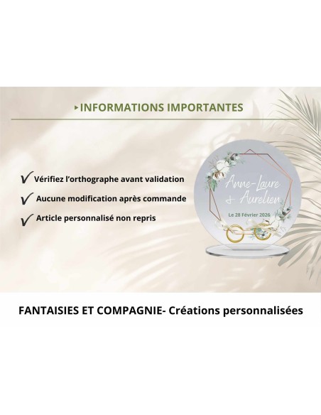 Support alliances mariage personnalisé en acrylique motif floral bohème prénoms et date