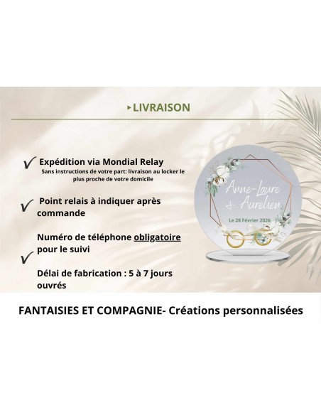 Support alliances mariage personnalisé en acrylique motif floral bohème prénoms et date