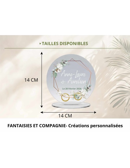 Support alliances mariage personnalisé en acrylique motif floral bohème prénoms et date
