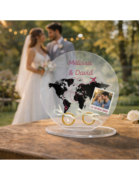 Support alliances mariage personnalisé carte du monde – Porte alliances voyage avec photo en acrylique
