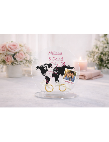 Support alliances mariage personnalisé carte du monde – Porte alliances voyage avec photo en acrylique