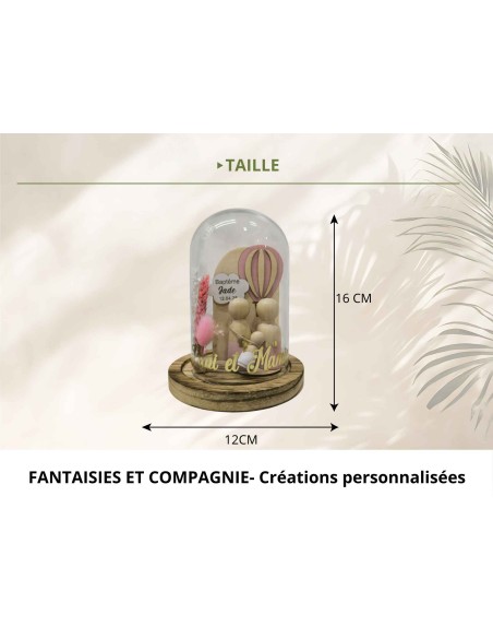Cloche en verre personnalisée montgolfière – Cadeau baptême parrain marraine