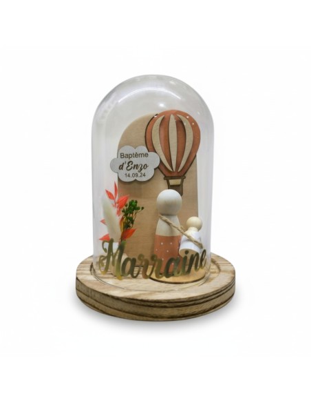 Cloche en verre personnalisée montgolfière – Cadeau baptême parrain marraine